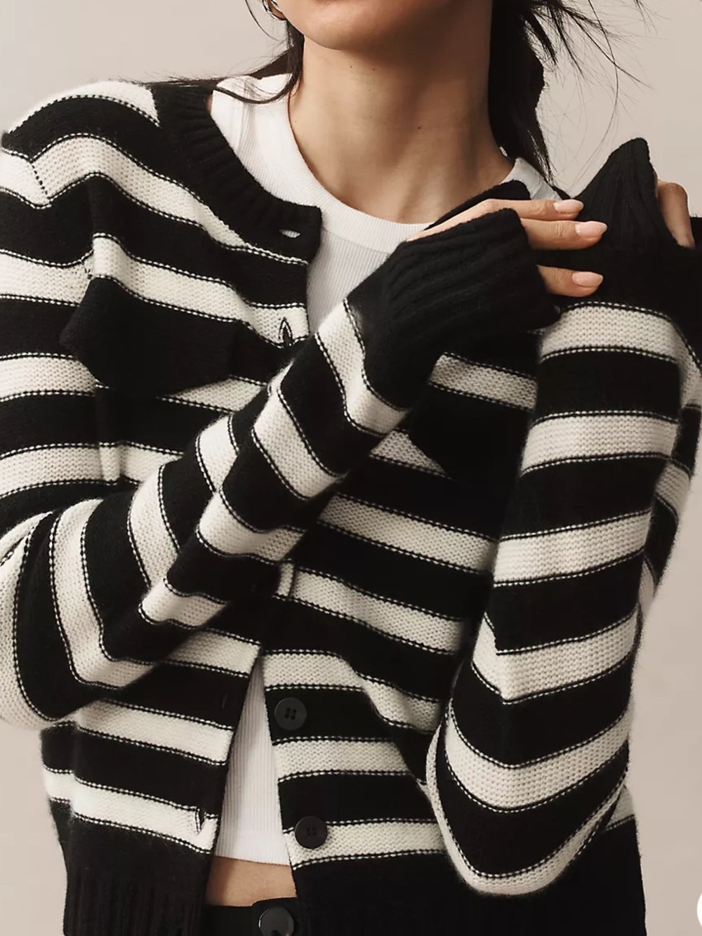 Anthropologie Maeve Cashmere Cropped Cardigan Sweater Striped Black & White